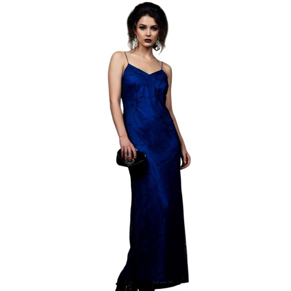 Vtg Beaded Gown Slip Dress Blue 12 Prom Whimsigoth Formal Goth Cassandra Stone